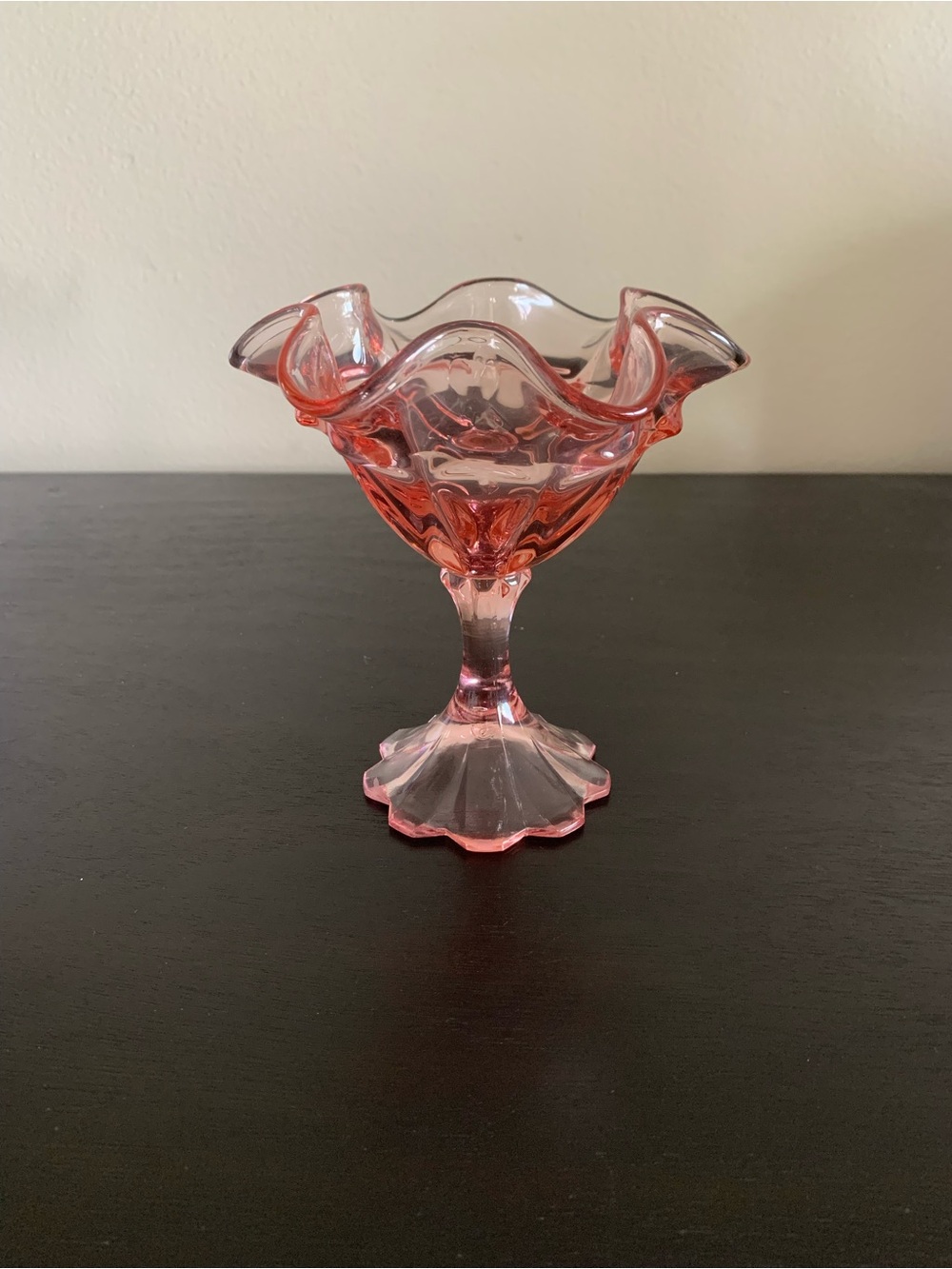1970s Fenton Glass Valencia Colonial Pink Ruffled Pedestal Compote Candy Dish